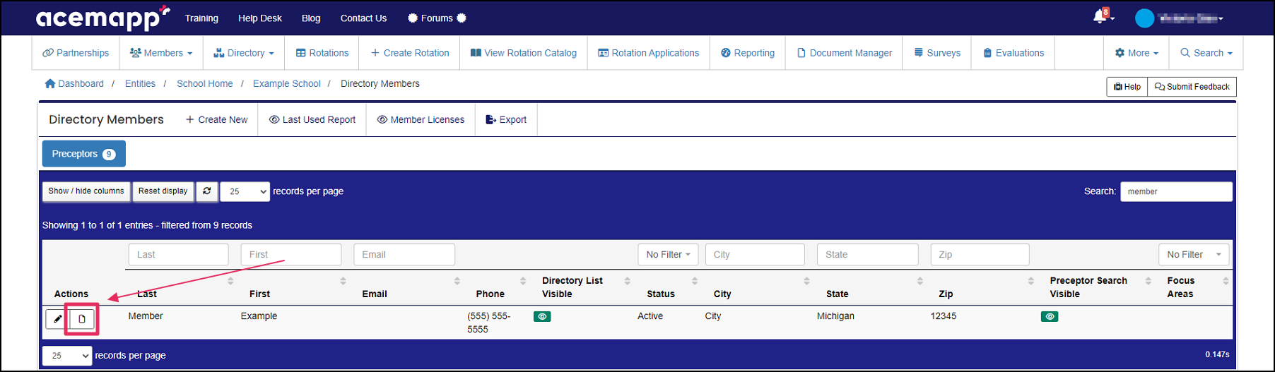 Directory Members table highlighting Member Documents button.
