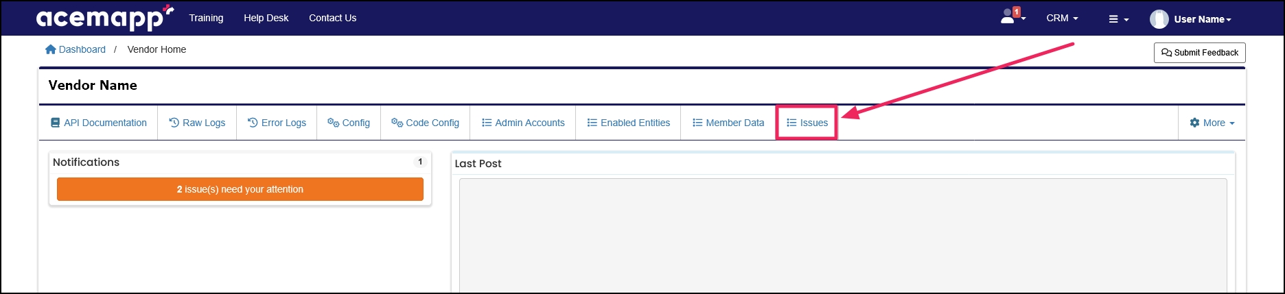 Vendor home screen pointing to Issues button.