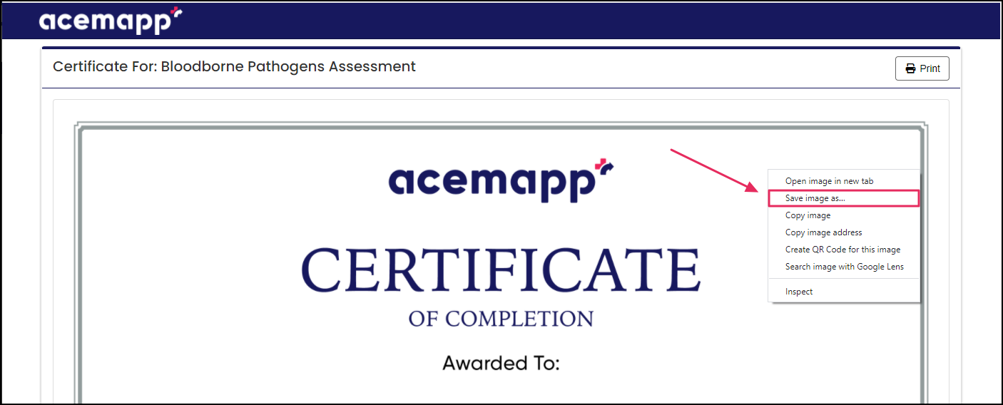 Certificate print preview highlighting the Save image as option.