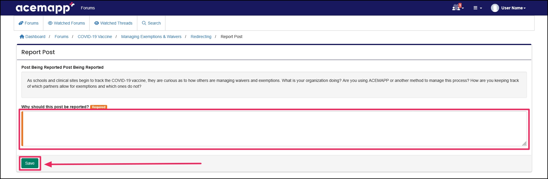 Report Post form highlighting text area and Save button.