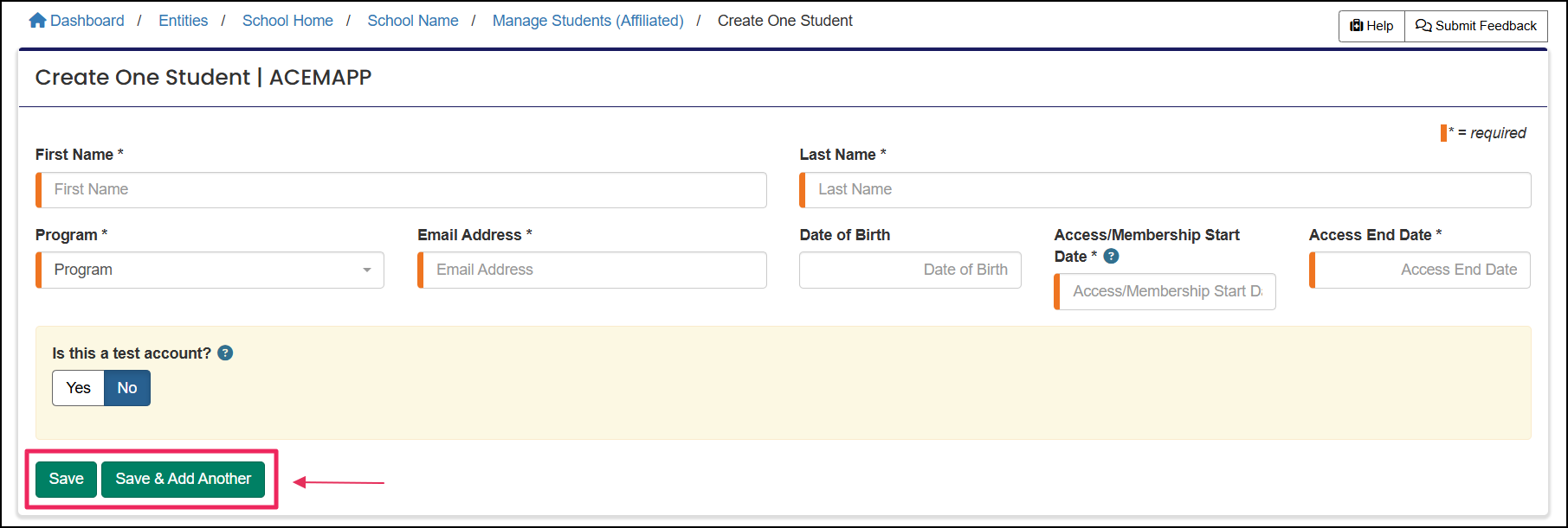 Create One Student form highlighting Save and Save & Add Another buttons.