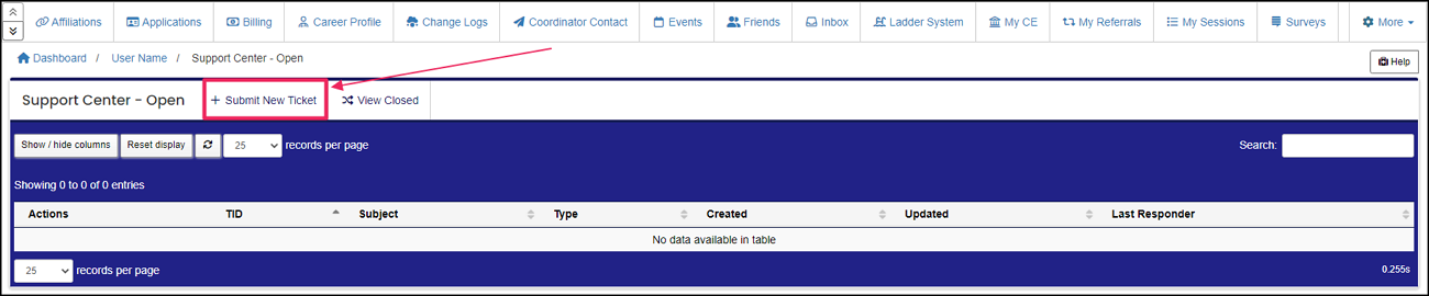 Screenshot indicating the location of the Submit New Ticket button