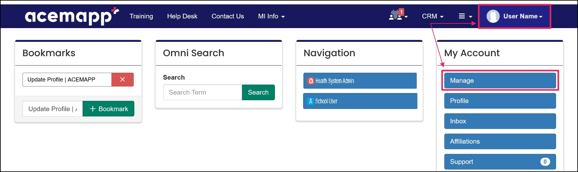 Name and the manage button from the navigation dropdown