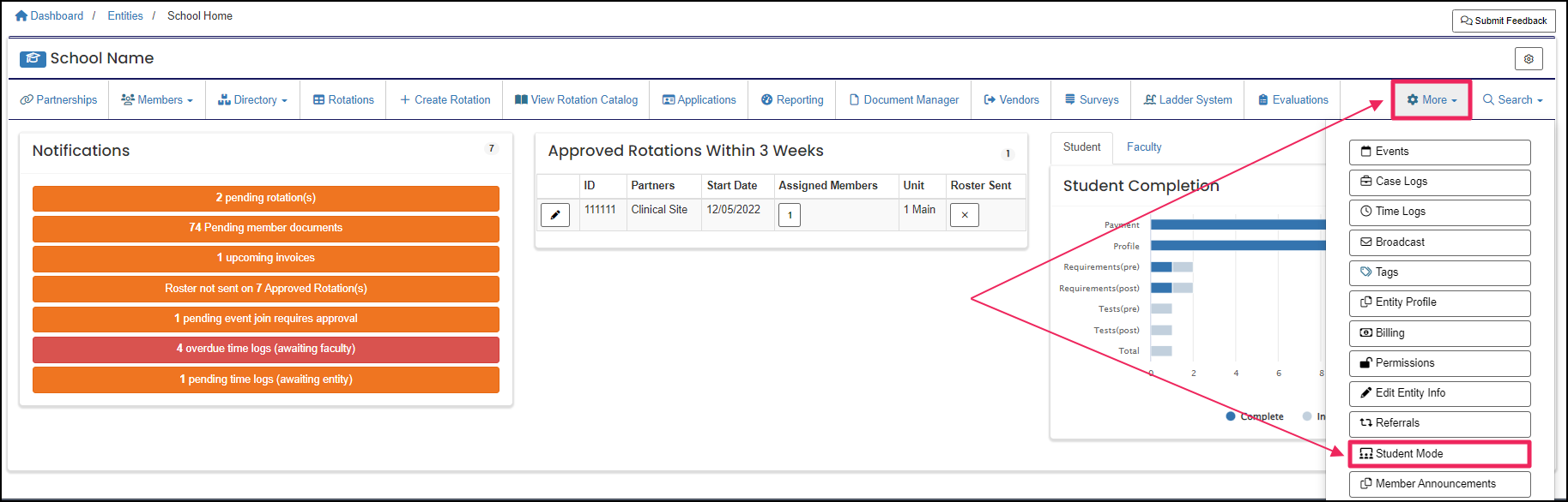 User home page highlighting More dropdown and Student Mode button.