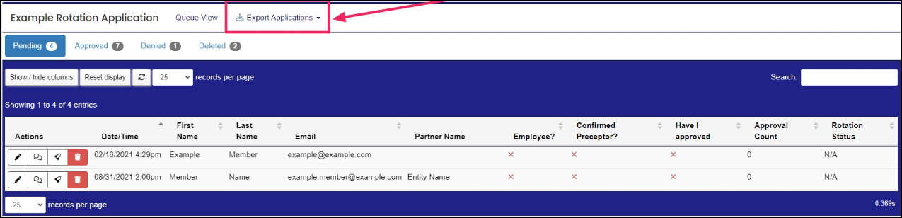 Application List table highlighting Export Applications button.