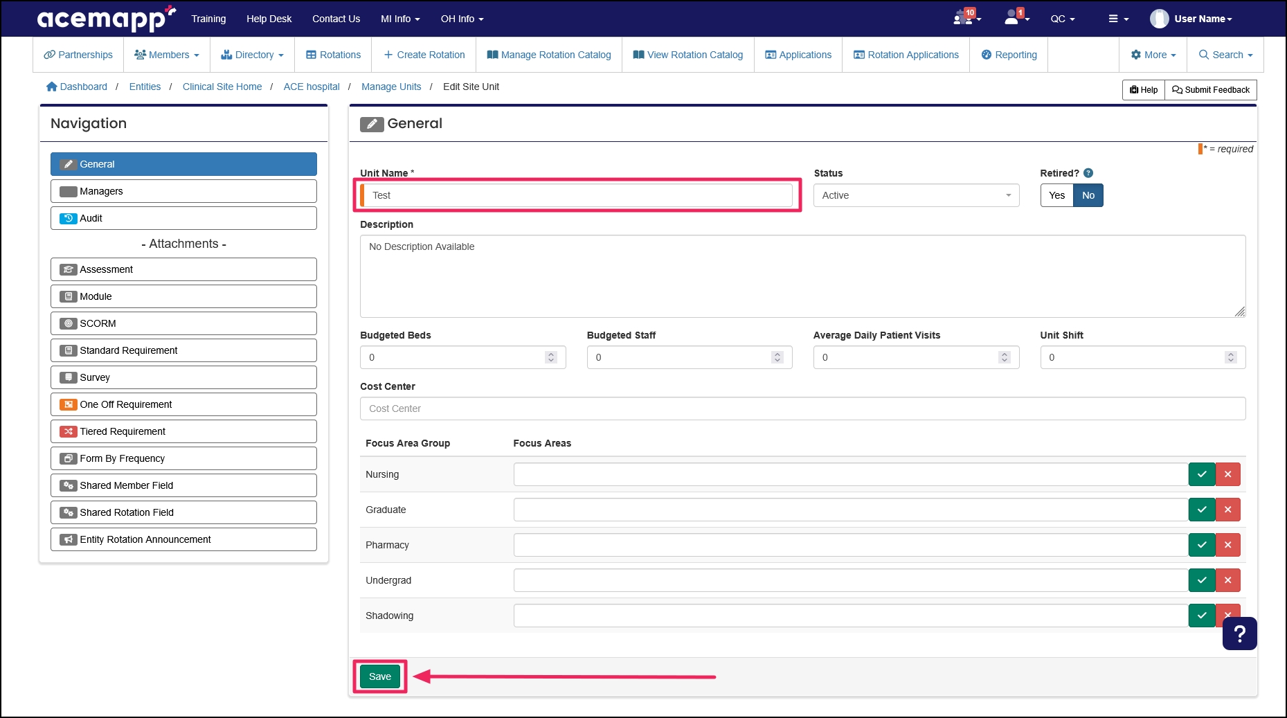 Edit Site Unit page highlighting Unit Name field and Save button.