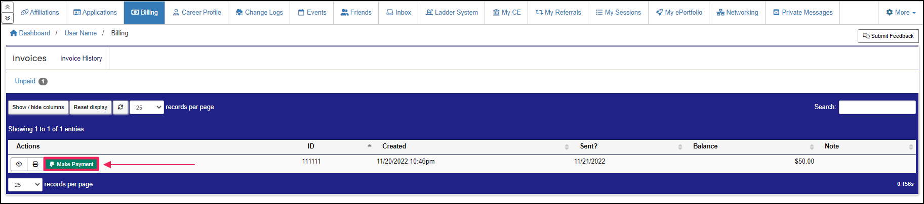 Billing page highlighting the make a payment button.