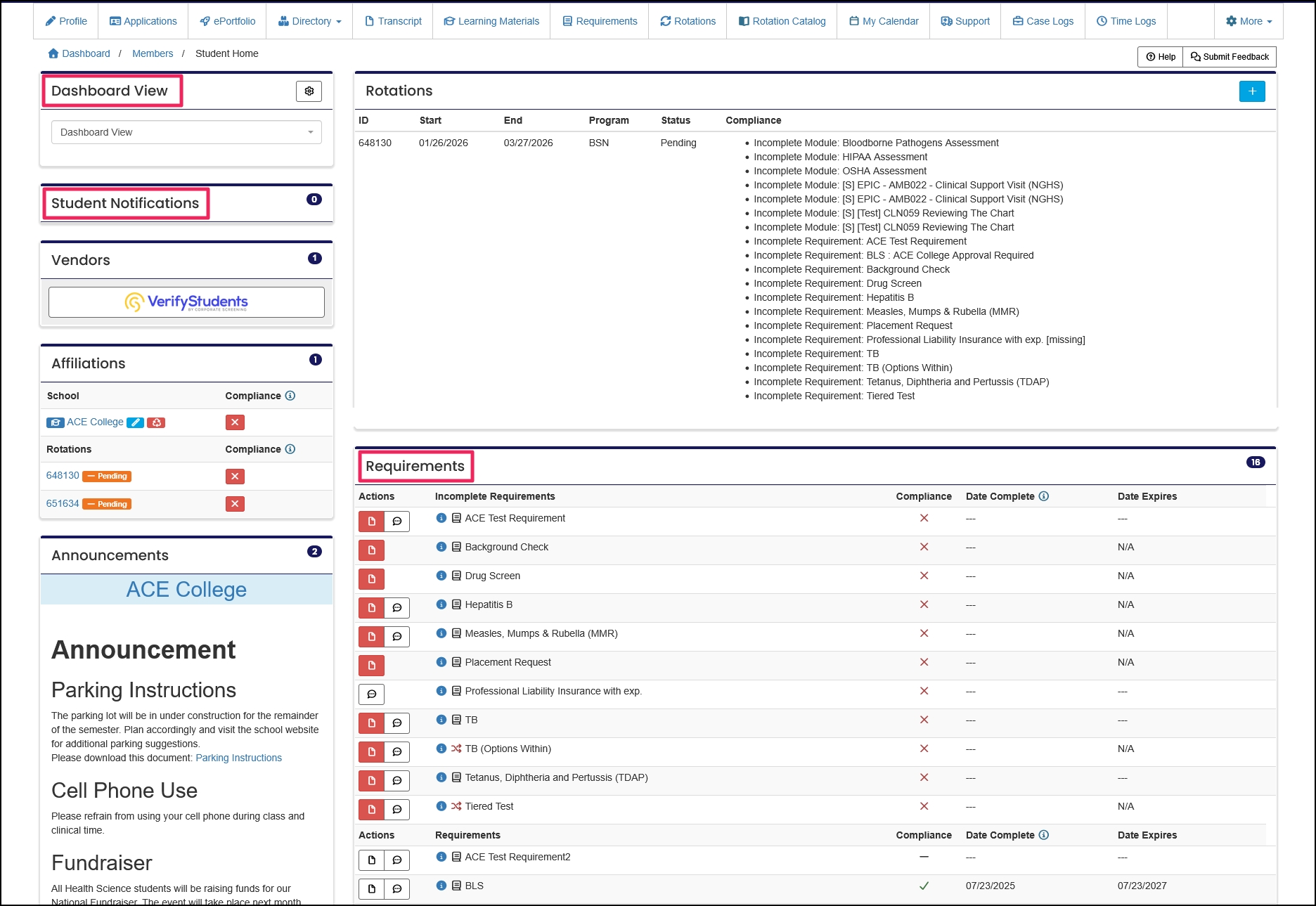 Member home page highlighting Dashboard, Student Notifications, and Requirements panels.