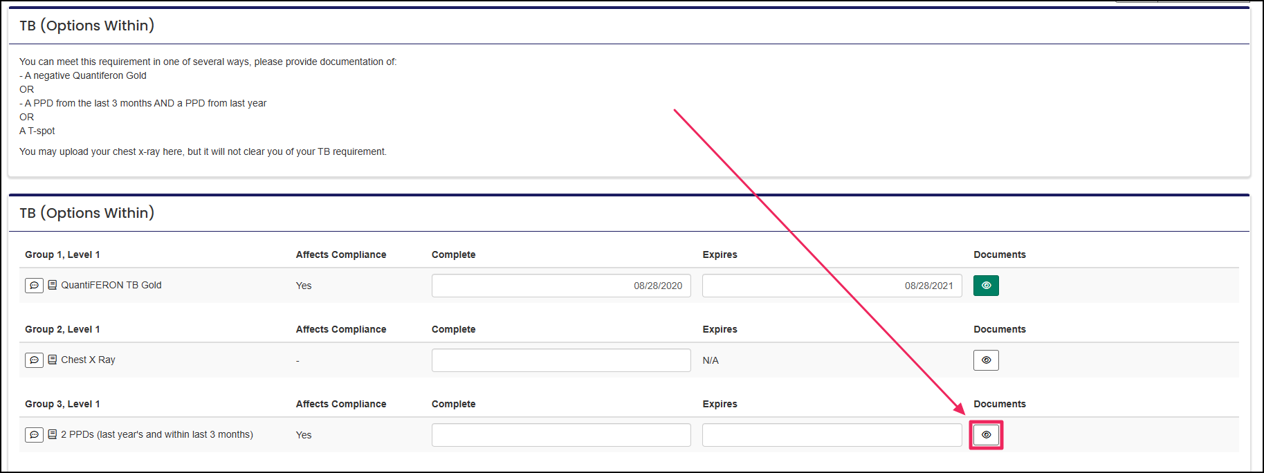 Tiered Requirement page highlight View document button.