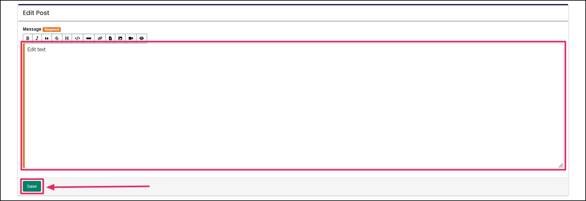 Post Edit form highlighting body text area and Save button.
