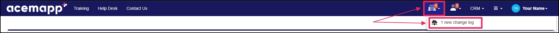 The collaboration drop-down and 1 new change log notification are highlighted.