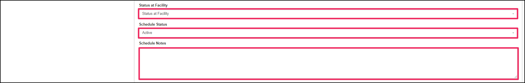 Preceptor schedule form highlighting Status at Facility dropdown, Schedule Status dropdown, Schedule Notes fields.