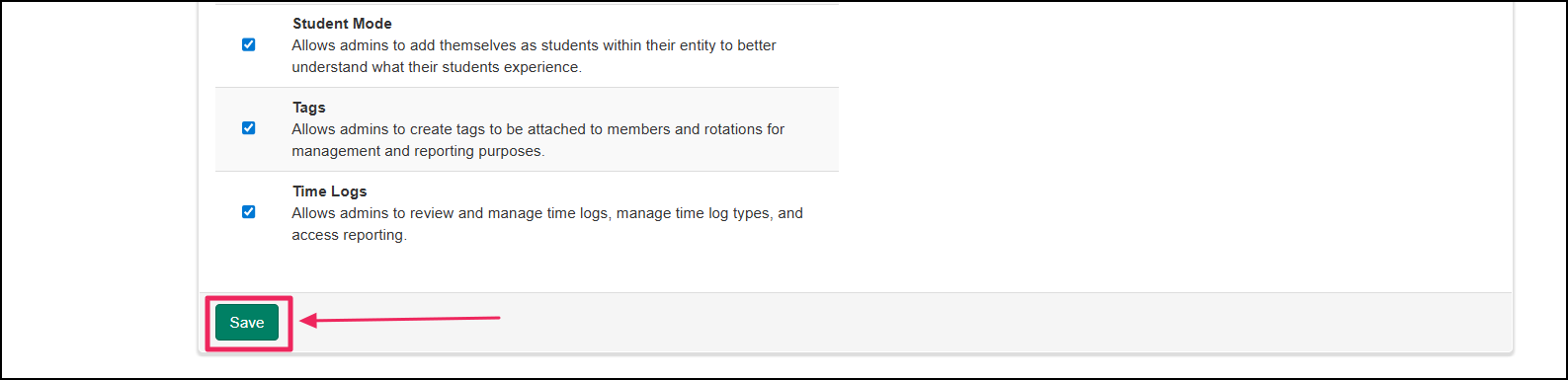Permissions management page highlighting the save button.