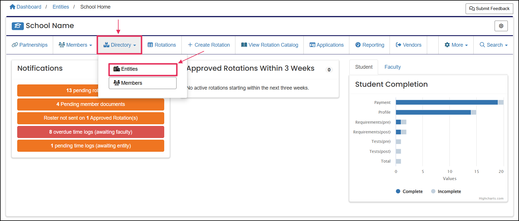 User home page highlighting Directory button and Entities button from dropdown.