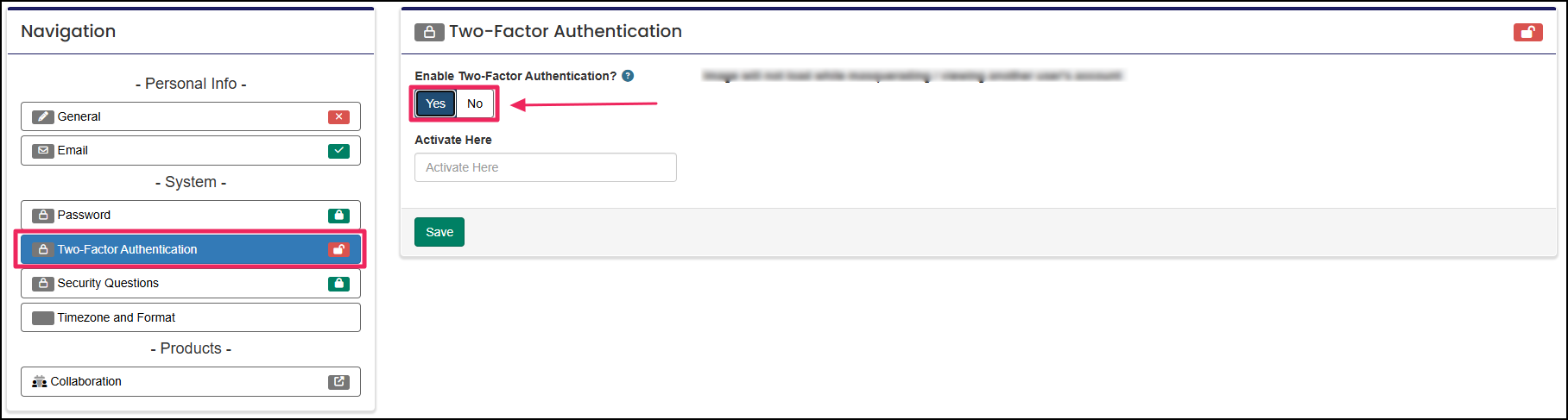 Two-factor authentication tab highlighting the yes/no toggle.