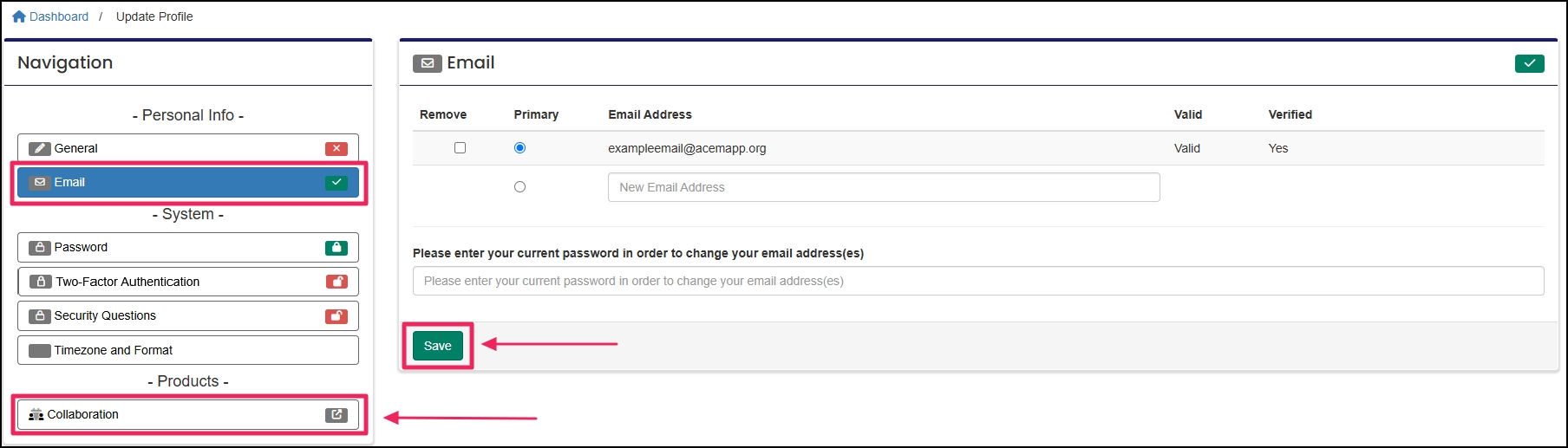Account core profile with 'Email' tab, green 'Save' button, and 'Collaboration' button highlighted.