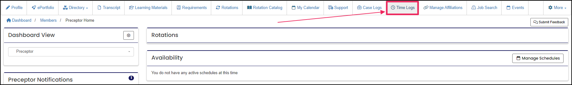 Member navigation bar highlighting the Time Logs button.