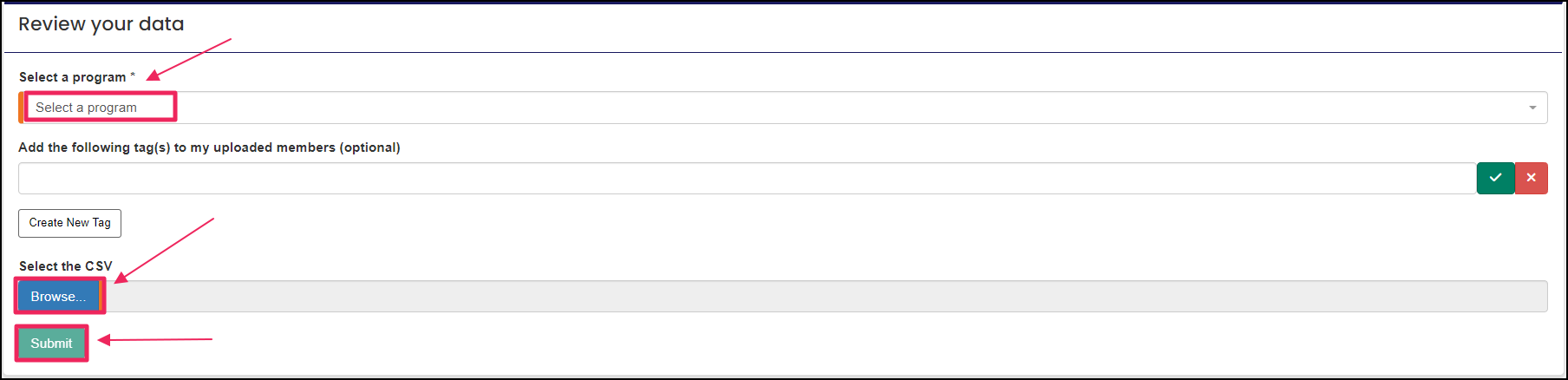 Review your data panel, highlighting the Select a Program selector, the Browser, and the Submit button.