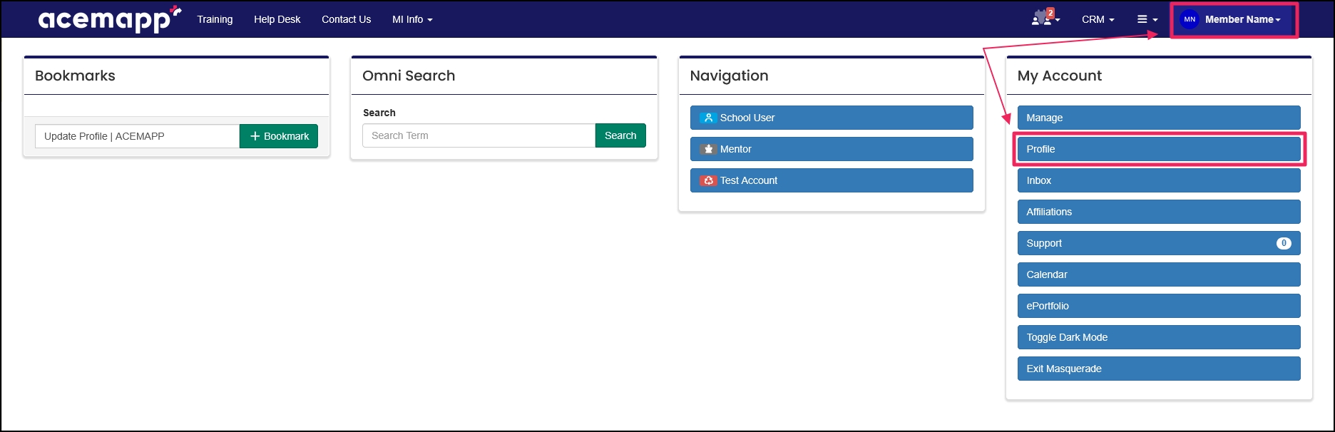 main dropdown highlighting Profile button
