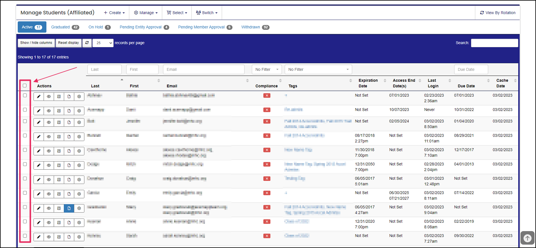 Manage members table example highlighting Checkbox column.