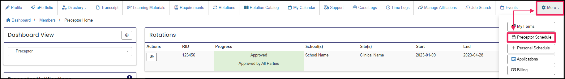 Navbar highlighting Preceptor Schedule under the More dropdown button.