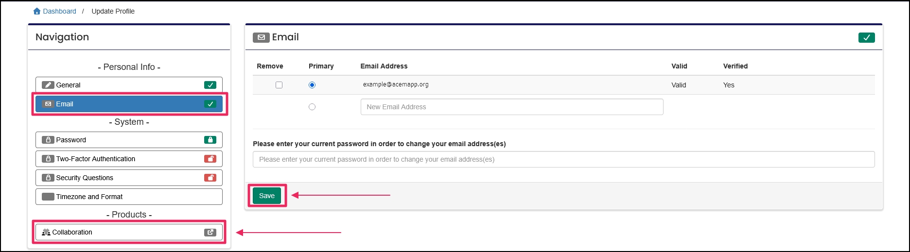 Account core Email section with save button and return to Collaboration button.