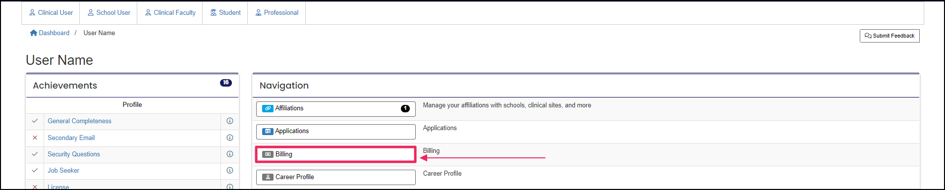 Members manage page showing the navigation panel and highlighting the billing button.