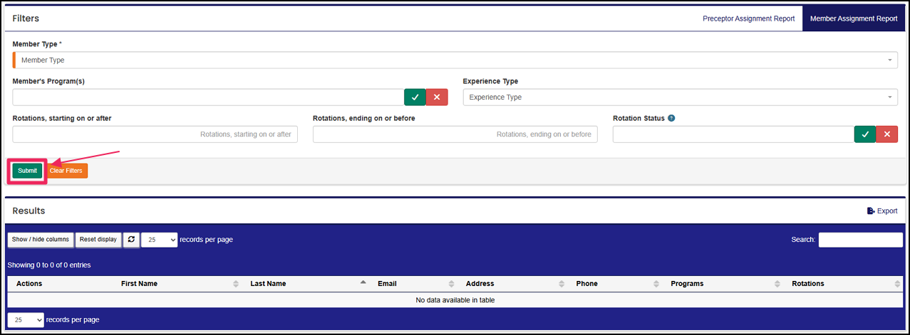 Member Assignment Report filter options highlighting Submit button.