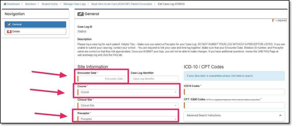 Edit case log example highlighting Encounter Date, Course, and Preceptor fields.